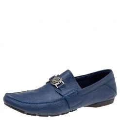 Versace Blue Leather Medusa Embellished Slip On Loafers Size 45 For Men
