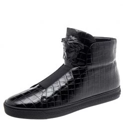 Versace Black Croc Embossed Leather Palazzo Medusa High Top Sneakers Size 44 For Men