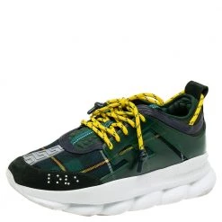 Versace Green Suede And Check Canvas Chain Reaction Sneakers Size 45 For Men
