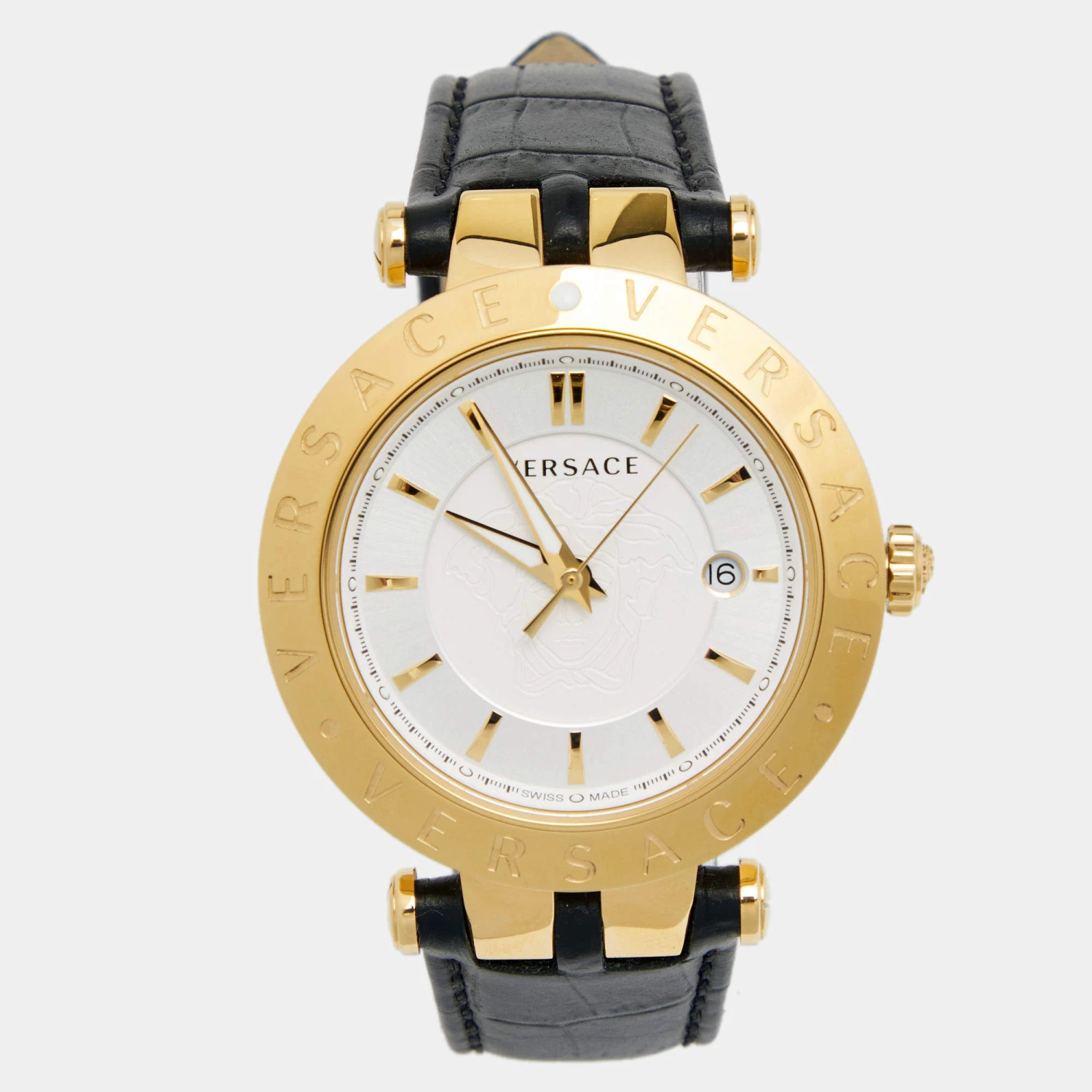 Versace Silver Gold Plated Stainless Steel Leather V-Race VPQ Men's Wristwatch 42 Mm For Men
