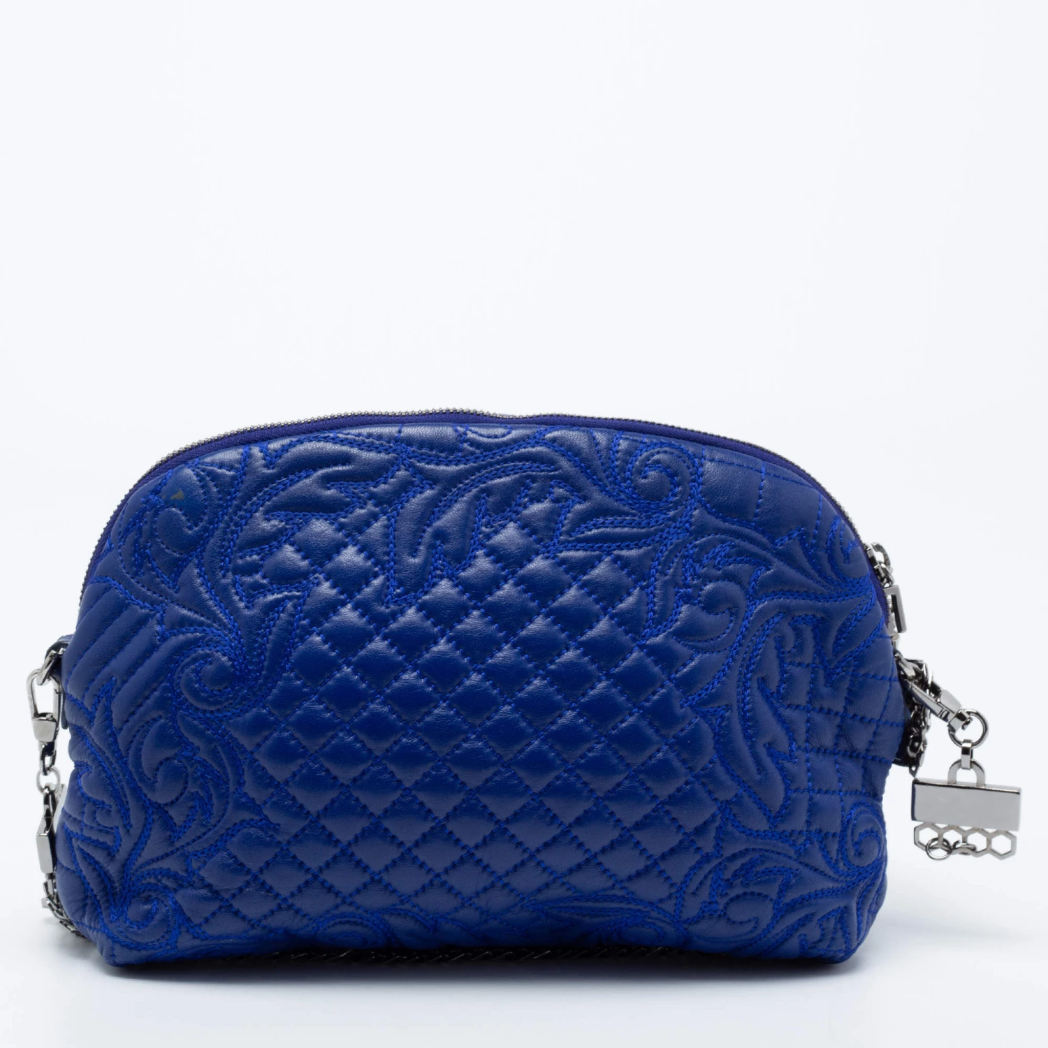 Versace Blue Leather Embroidered Shoulder Bag For Women - Image 4