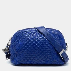 Versace Blue Leather Embroidered Shoulder Bag For Women
