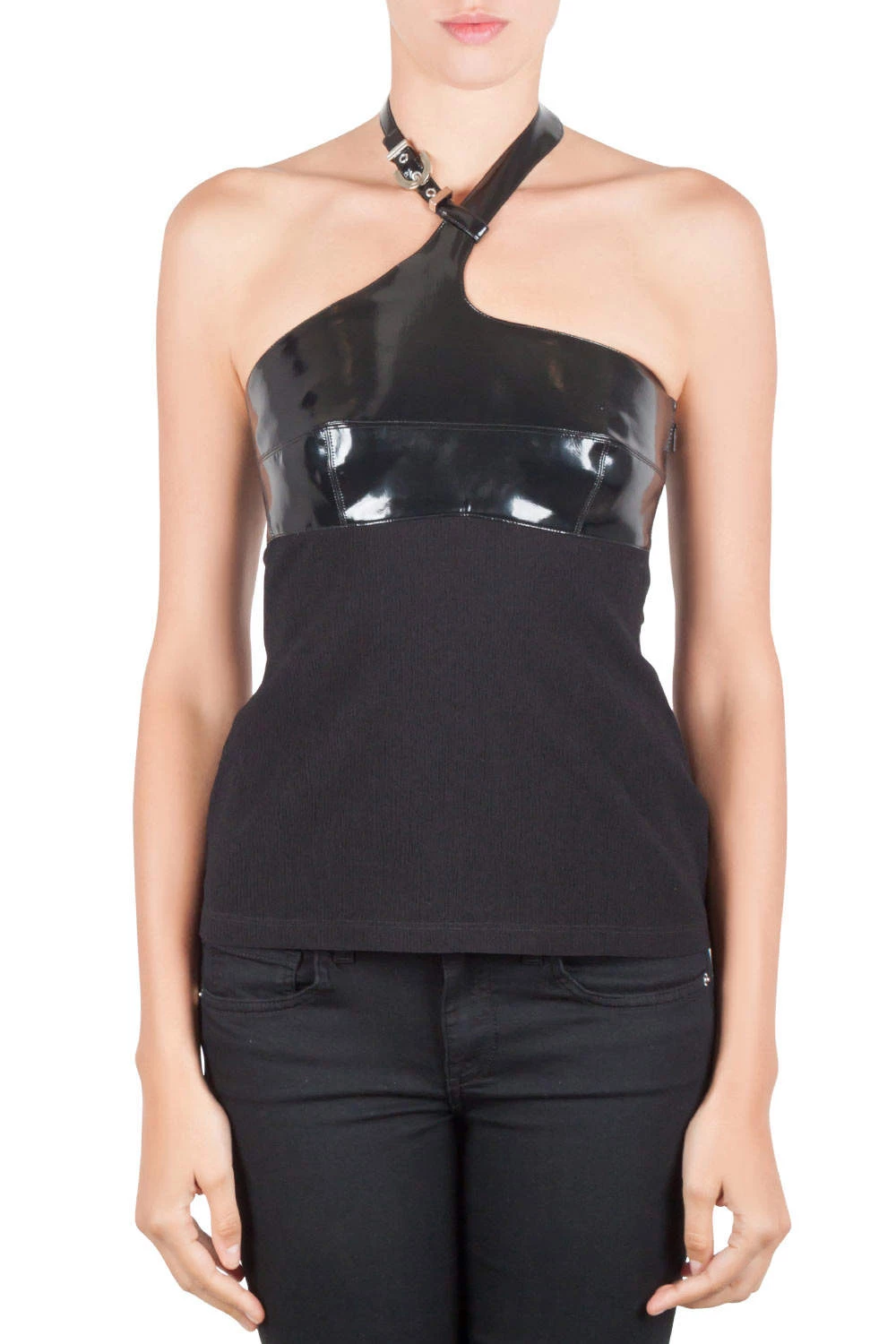 Versace Black Faux Leather Belted Halter Neck Top S For Women