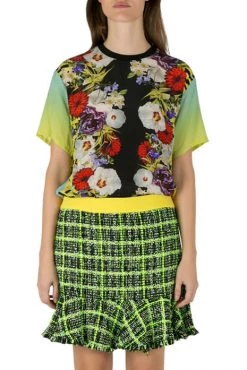 Versace Multicolor Floral Print Silk Ombre Sleeve Detail Crew Neck T Shirt M For Women