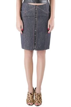 Versace Indigo Textured Denim Hook Detail Pencil Skirt M For Women
