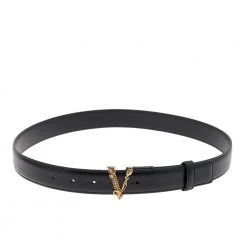 Versace Black Leather Virtus Waist Belt 85CM For Women