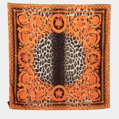Versace Orange & Grey Baroque Animal Print Silk Scarf For Women