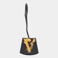 Versace Black Leather Key Bag Charm For Women