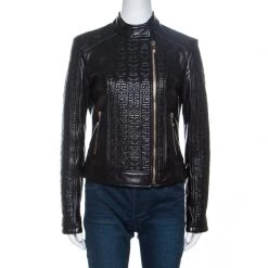 Versace Black Embossed Detail Leather Jacket M For Women
