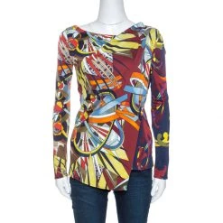 Versace Collection Multicolor Print Jersey Faux Wrap Top S For Women