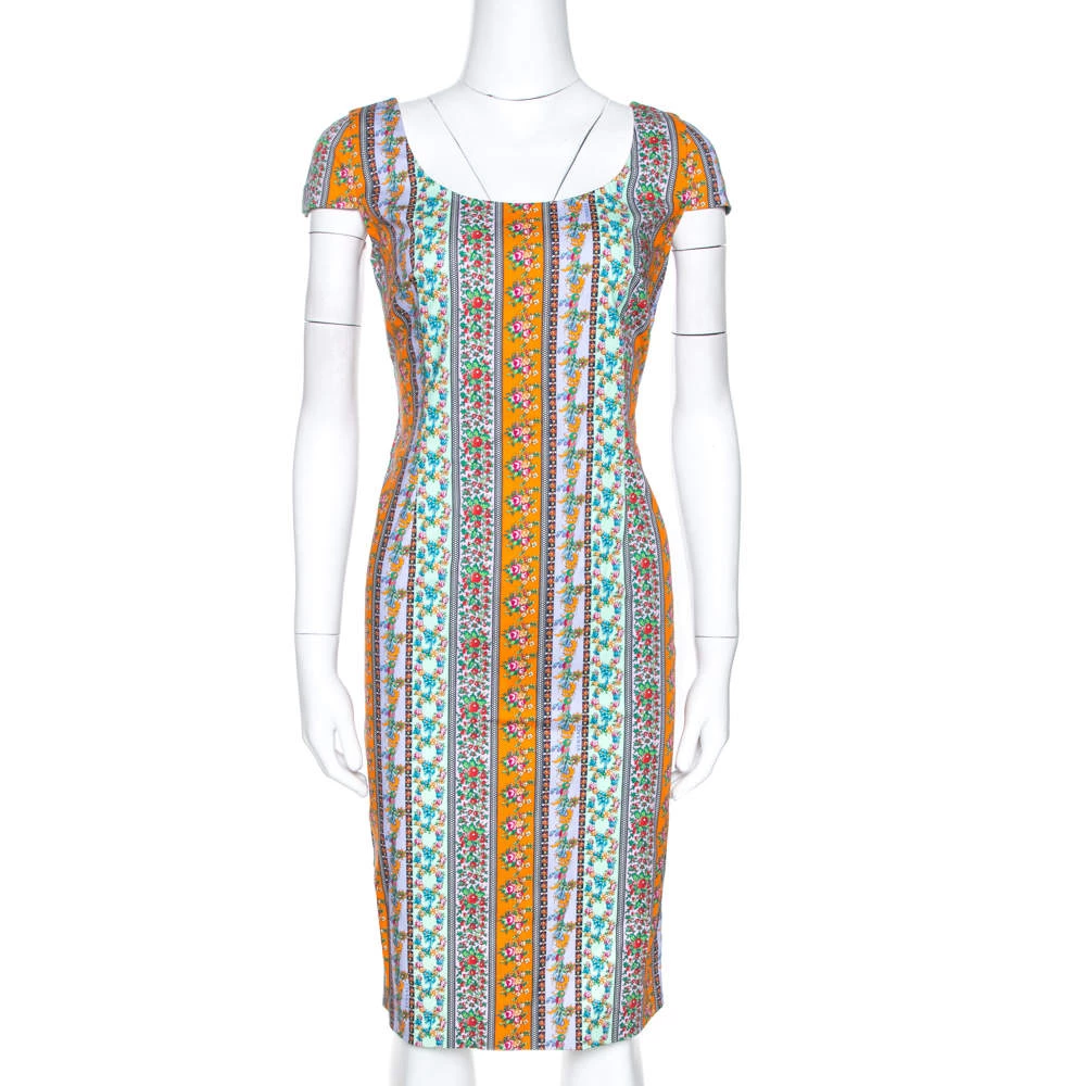 Versace Multicolor Floral Print Cotton Sheath Dress M For Women
