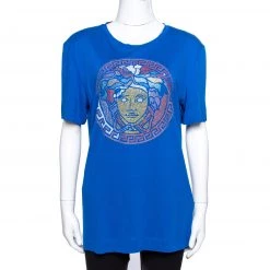 Versace Blue Jersey Medusa Icon Studded T-Shirt L For Women