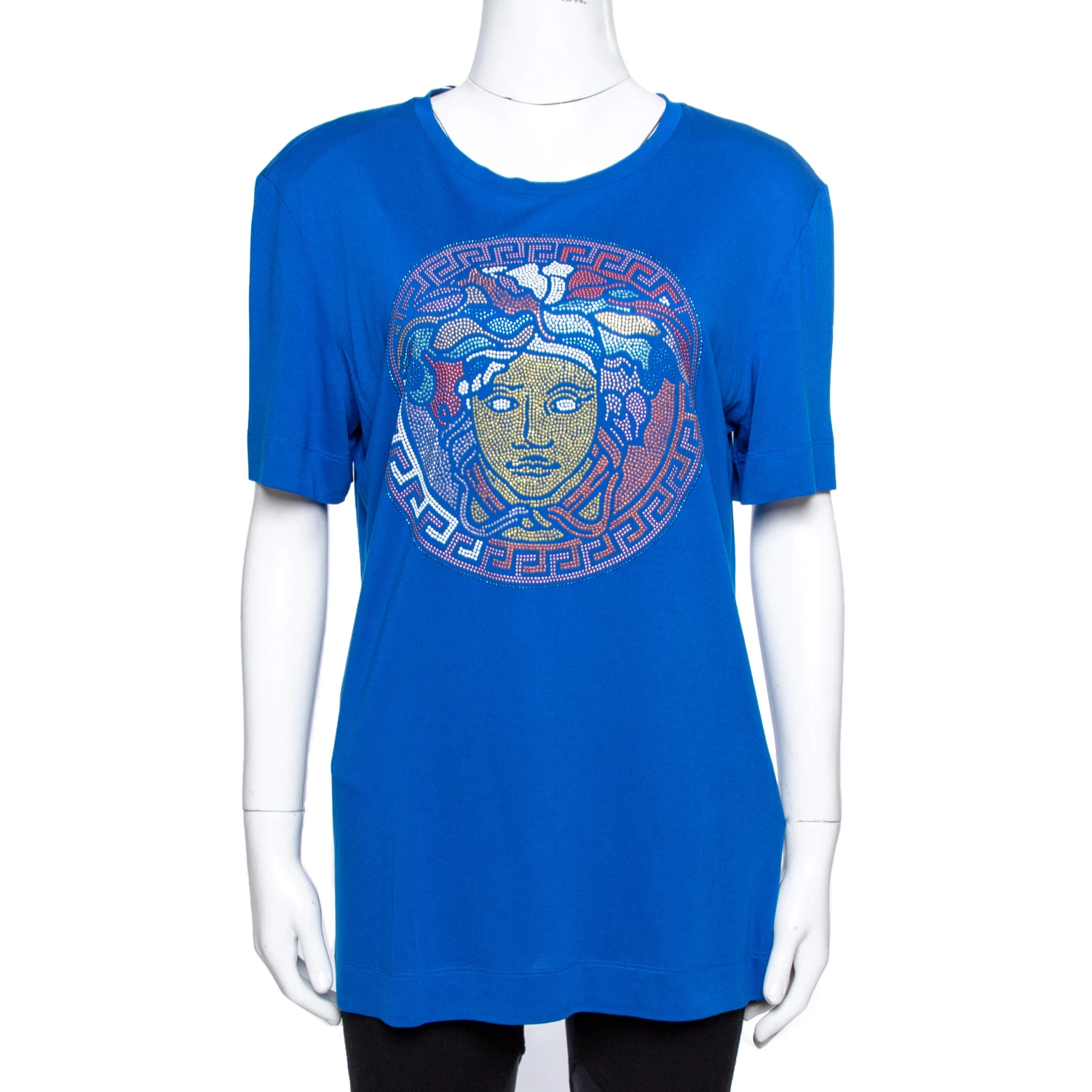 Versace Blue Jersey Medusa Icon Studded T-Shirt L For Women