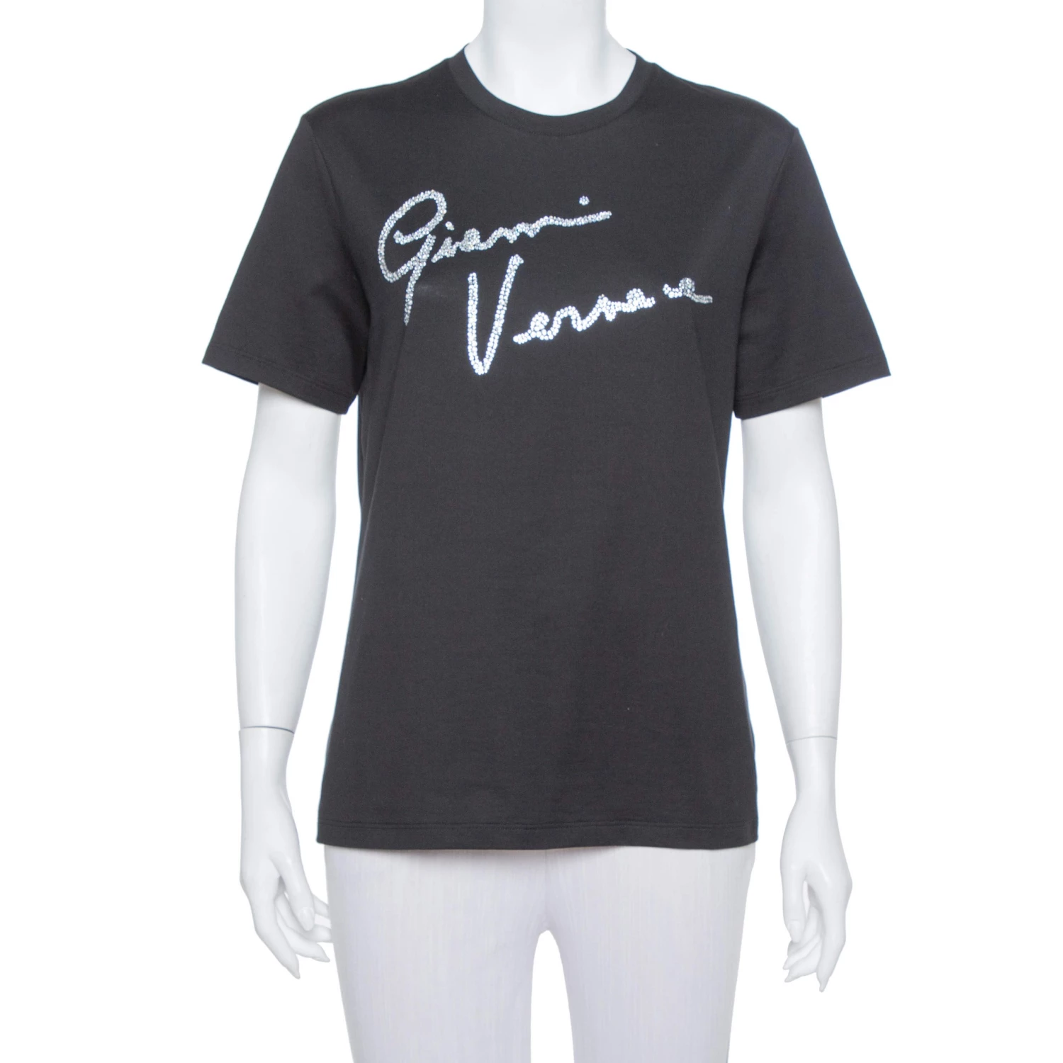 Versace Black Crystal GV Signature Embellished Cotton Crewneck T-Shirt M For Women