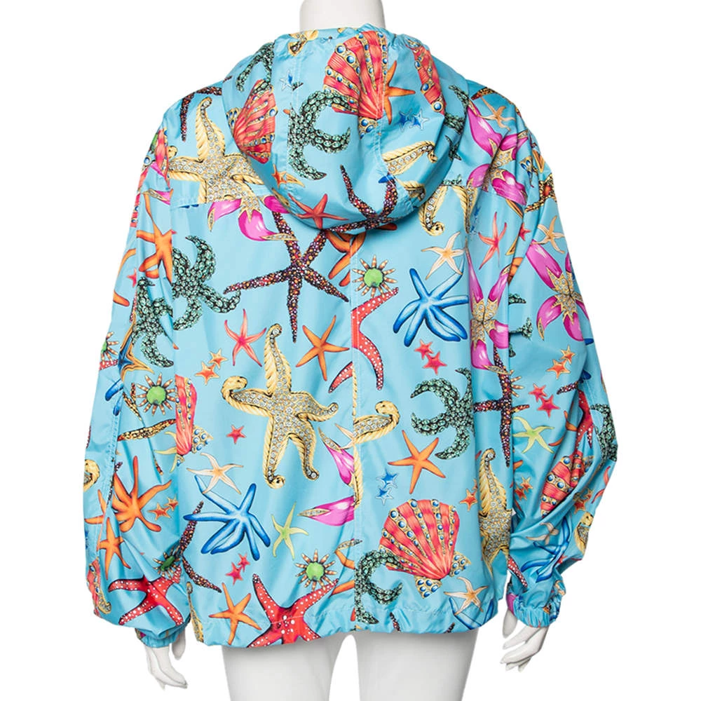 Versace Blue Starfish Printed Synthetic Zip Front Hooded Jacket L For Women - Image 3