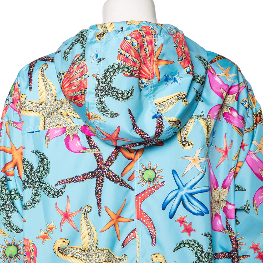 Versace Blue Starfish Printed Synthetic Zip Front Hooded Jacket L For Women - Image 5