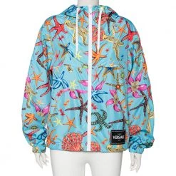 Versace Blue Starfish Printed Synthetic Zip Front Hooded Jacket L For Women