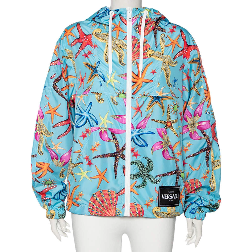 Versace Blue Starfish Printed Synthetic Zip Front Hooded Jacket L For Women