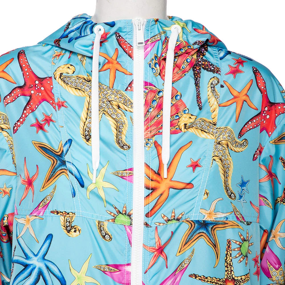 Versace Blue Starfish Printed Synthetic Zip Front Hooded Jacket L For Women - Image 4