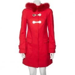 Versace Red Wool And Fur Trimmed Hooded Mid Length Coat S For Women