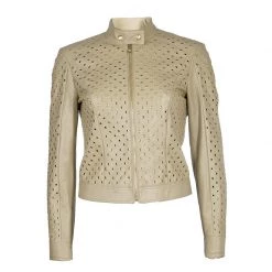 Versace Beige Eyelet Studded Leather Jacket S For Women