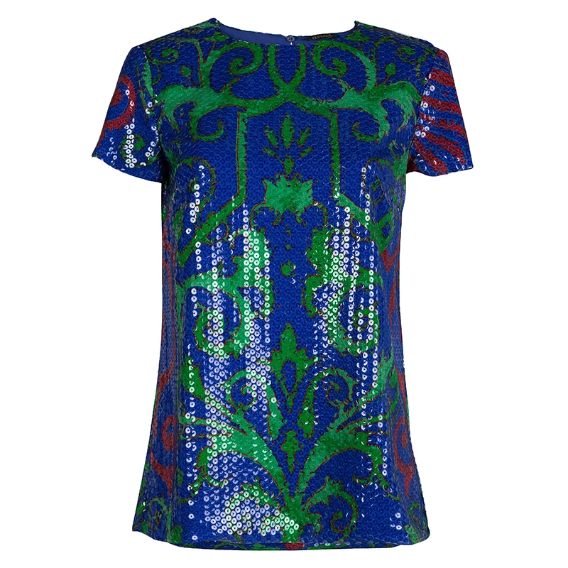 Versace Multicolor Sequin Embellished Short Sleeve Top M For Women