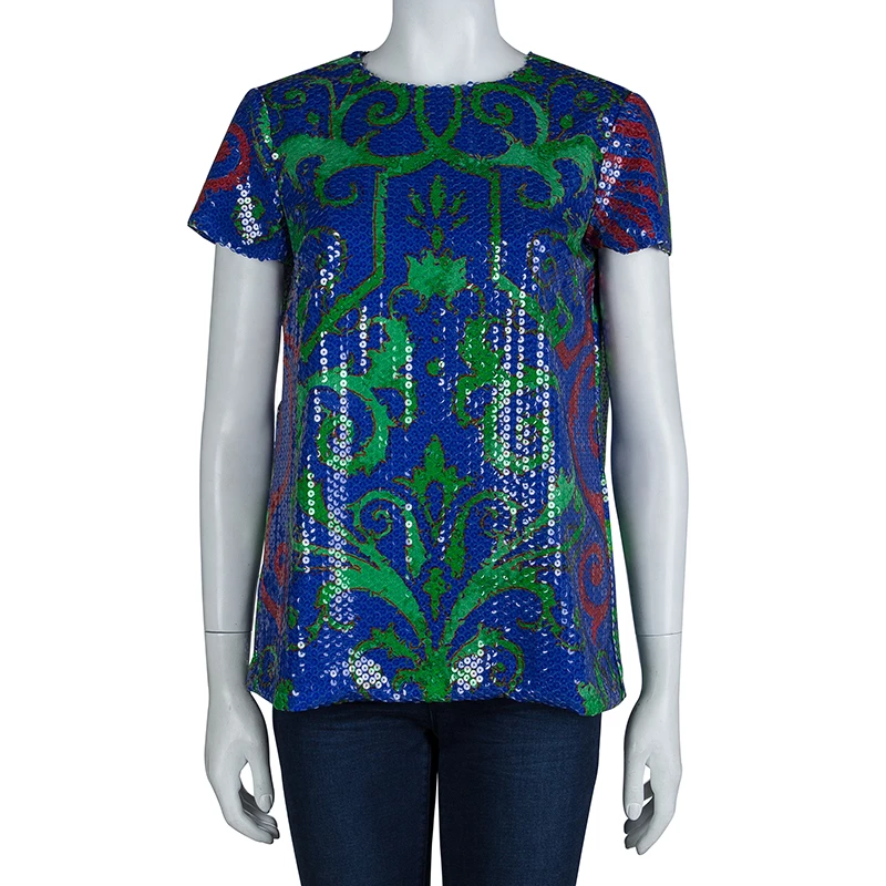 Versace Multicolor Sequin Embellished Short Sleeve Top M For Women - Image 2