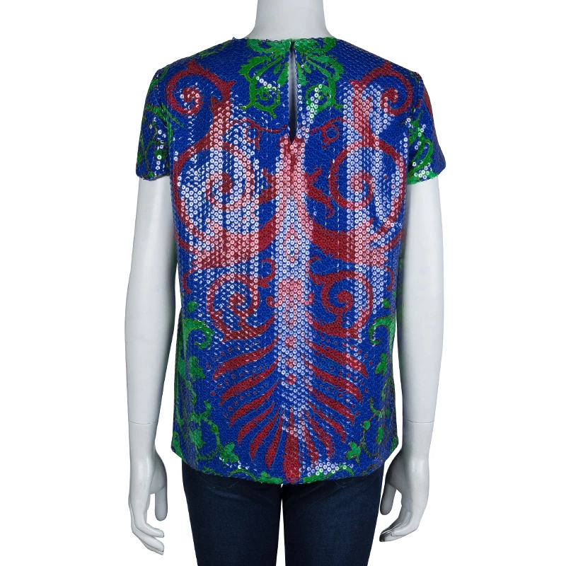 Versace Multicolor Sequin Embellished Short Sleeve Top M For Women - Image 3