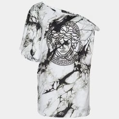Versace Monochrome Tie-Dye Print Jersey Asymmetric T-Shirt L For Women
