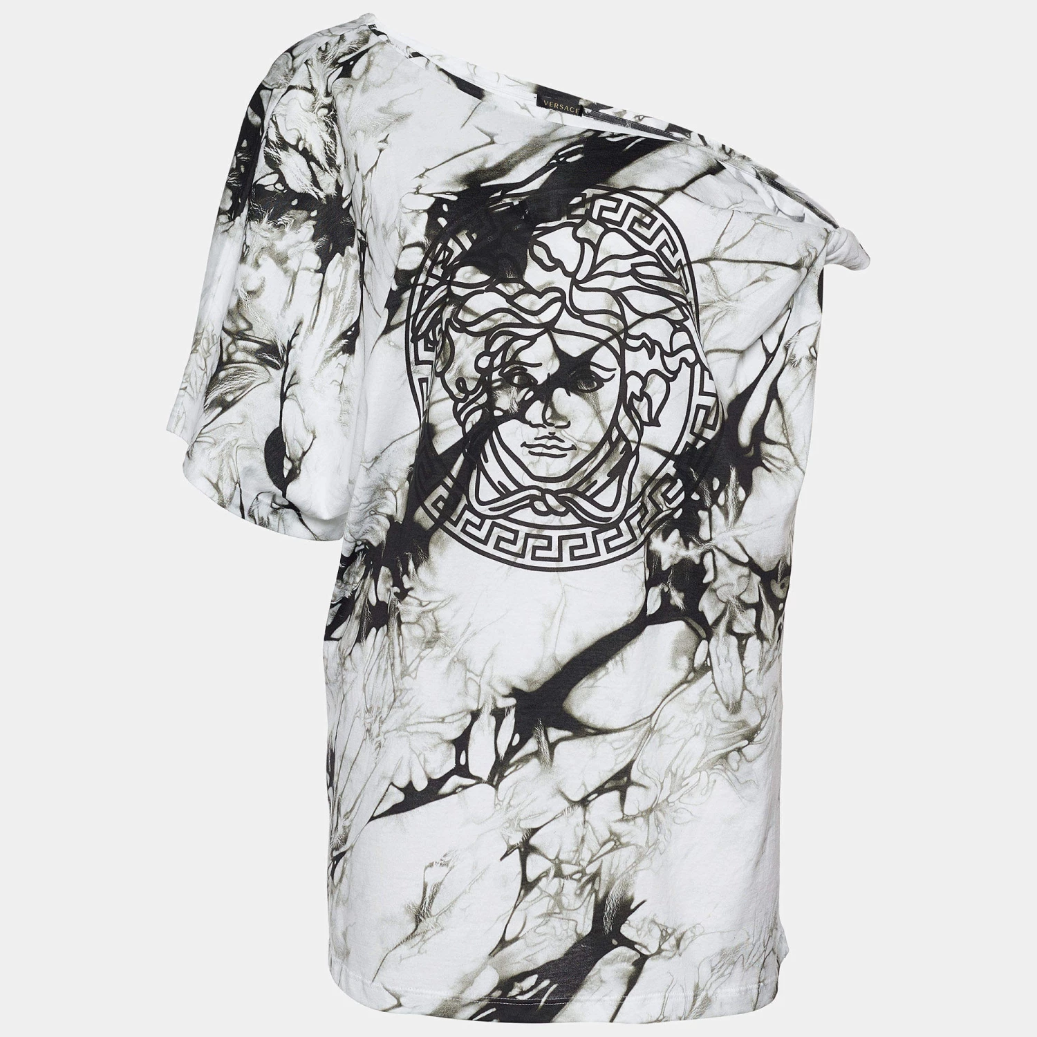 Versace Monochrome Tie-Dye Print Jersey Asymmetric T-Shirt L For Women