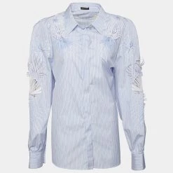Versace Blue Striped Cotton Floral Applique Button Front Shirt M For Women