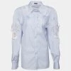 Versace Blue Striped Cotton Floral Applique Button Front Shirt L For Women