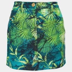 Versace Green Jungle Print Denim Mini Skirt L For Women