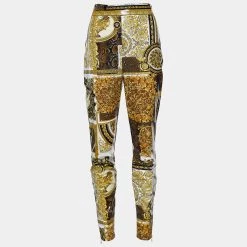 Versace Gold Barocco & Leopard Print Coated Knit Leggings S For Women