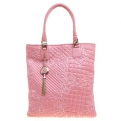 Versace Pink Leather Embroidered Elettra Vanitas Tote For Women