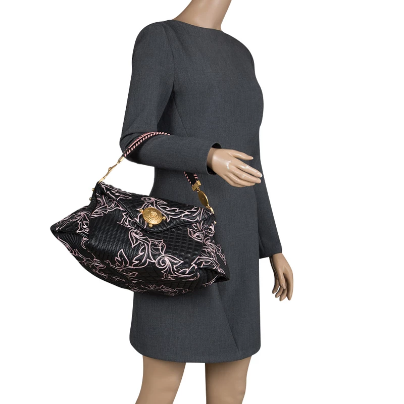 Versace Black/Pink Quilted Barocco Leather Top Handle Bag For Women - Image 2