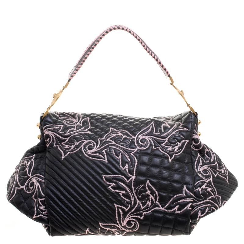 Versace Black/Pink Quilted Barocco Leather Top Handle Bag For Women - Image 4