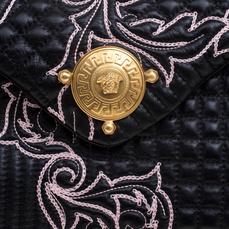 Versace Black/Pink Quilted Barocco Leather Top Handle Bag For Women - Image 5