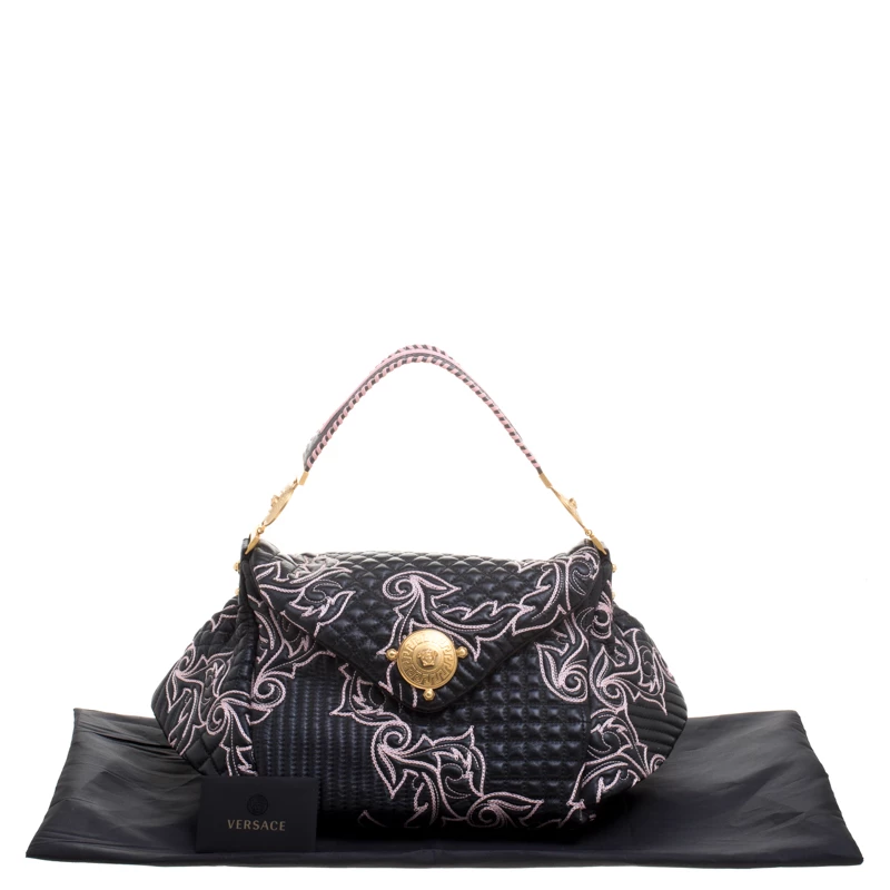 Versace Black/Pink Quilted Barocco Leather Top Handle Bag For Women - Image 9
