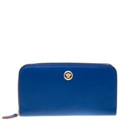 Versace Blue Leather Zip Around Continental Wallet For Women