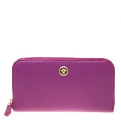 Versace Magenta Leather Zip Around Continental Wallet For Women