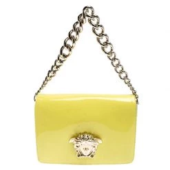 Versace Neon Yellow Patent Leather Medusa Palazzo Shoulder Bag For Women