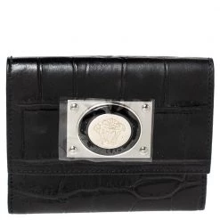 Versace Black Croc Embossed Leather Medusa Flap Compact Wallet For Women