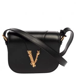 Versace Black Leather Small Virtus Saddle Bag For Women