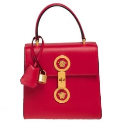 Versace Red Leather Icon Medusa Top Handle Bag For Women