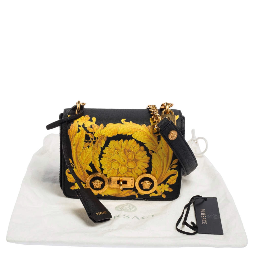 Versace Black/Yellow Baroque Print Leather Icon Shoulder Bag For Women - Image 12