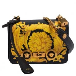 Versace Black/Yellow Baroque Print Leather Icon Shoulder Bag For Women