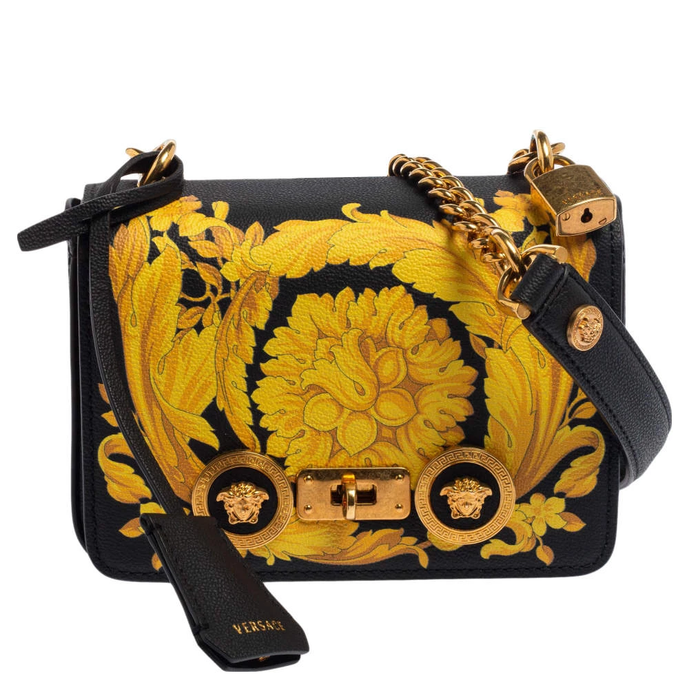 Versace Black/Yellow Baroque Print Leather Icon Shoulder Bag For Women