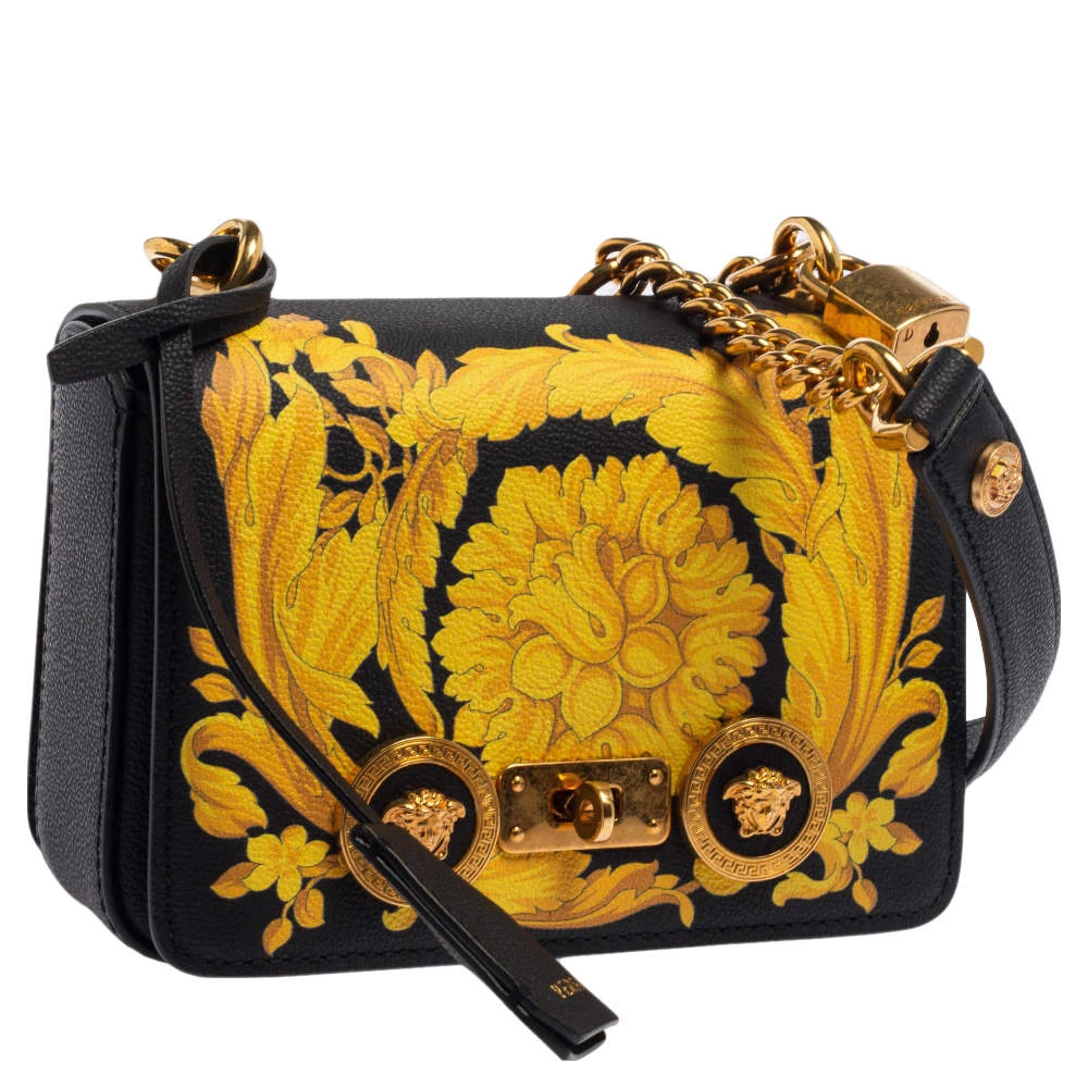 Versace Black/Yellow Baroque Print Leather Icon Shoulder Bag For Women - Image 3