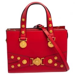 Versace Red Leather Tribute Medusa Studded Zip Tote For Women